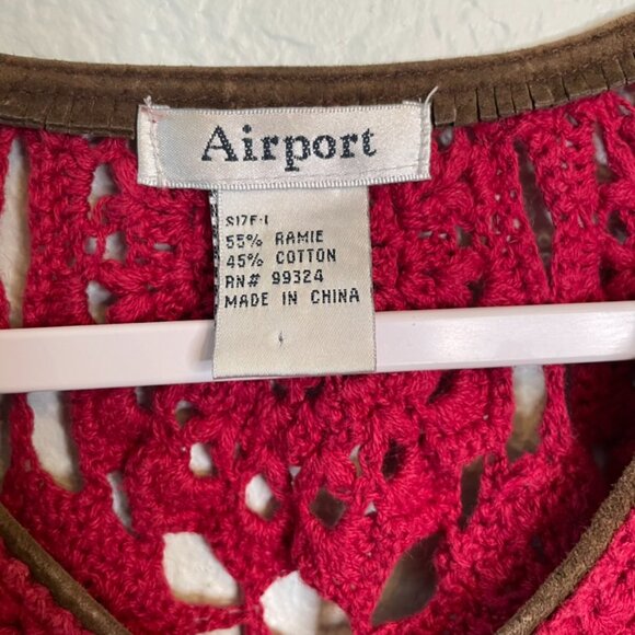 Airport Red Crochet Knit Suede Boho Flowy Festical Ramie Cotton Top | Large - Picture 2 of 5